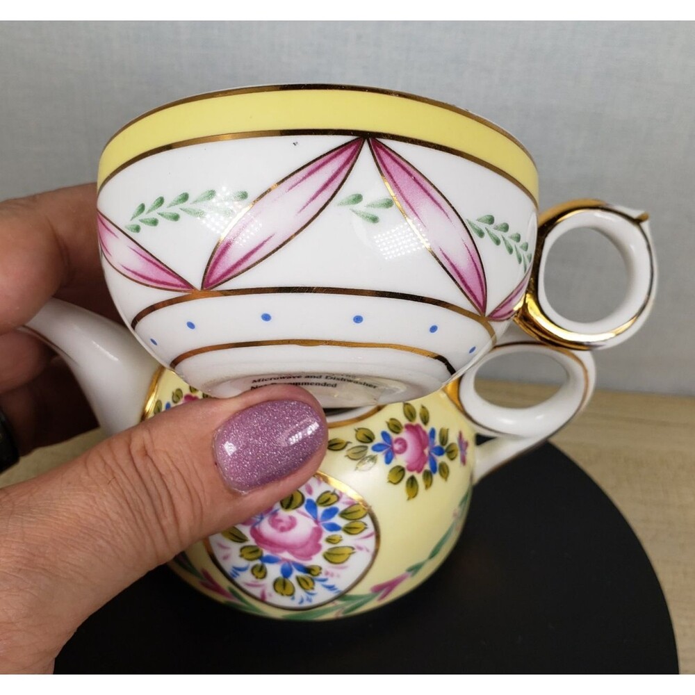 Vintage Nantucket Single Serve Teapot With Lid And Teacup Yellow Floral 4” Tall - Picture 11 of 16